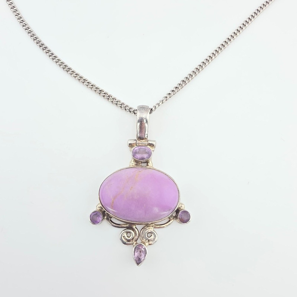 Vtg Phosphosiderite Stone Necklace 925 Sterling Silver Amethyst Crystals 21"